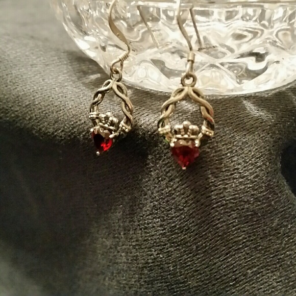 .925 Silver Claddagh Earrings with Heart Garnets - Picture 6 of 6